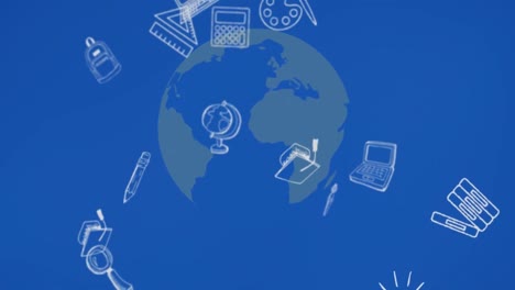 animation of school icons floating over blue globe and blue background