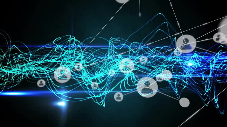 Animation of network of connections with people icons over light trails on dark background