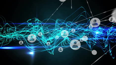 animation of network of connections with people icons over light trails on dark background