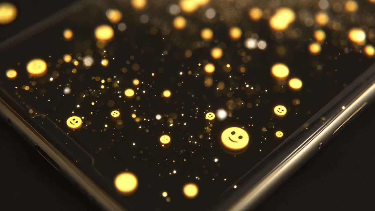Captivating Close-Up of a Modern Smartphone Display Featuring a Glittery Background with Floating Smileys, Creating a Whimsical and Playful Atmosphere for Digital User Experience