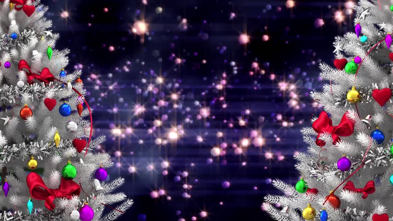 animación de árboles de navidad sobre luces voladoras