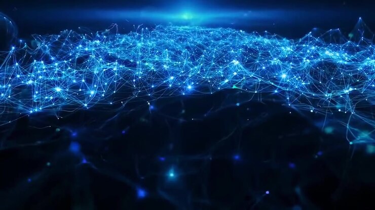 Connessione di rete digitale astratta con nodi blu incandescenti
