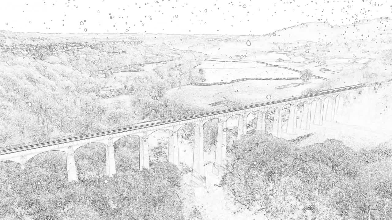 흑백 애니메이션 라인 아트 눈송이가 시골 아치형 다리, 공중 전망을 가로질러 펄럭입니다.