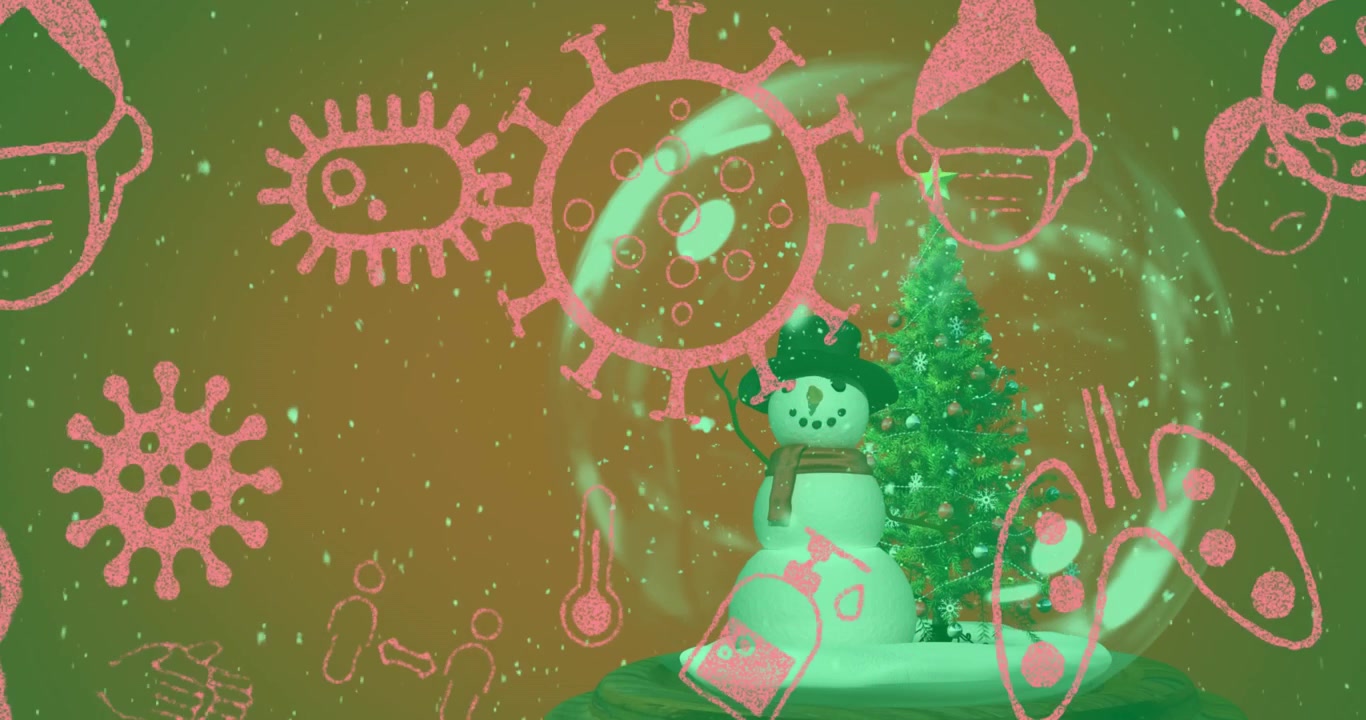 Animação de ícones de COVID-19, árvore de Natal em globo de neve e neve caindo em fundo verde