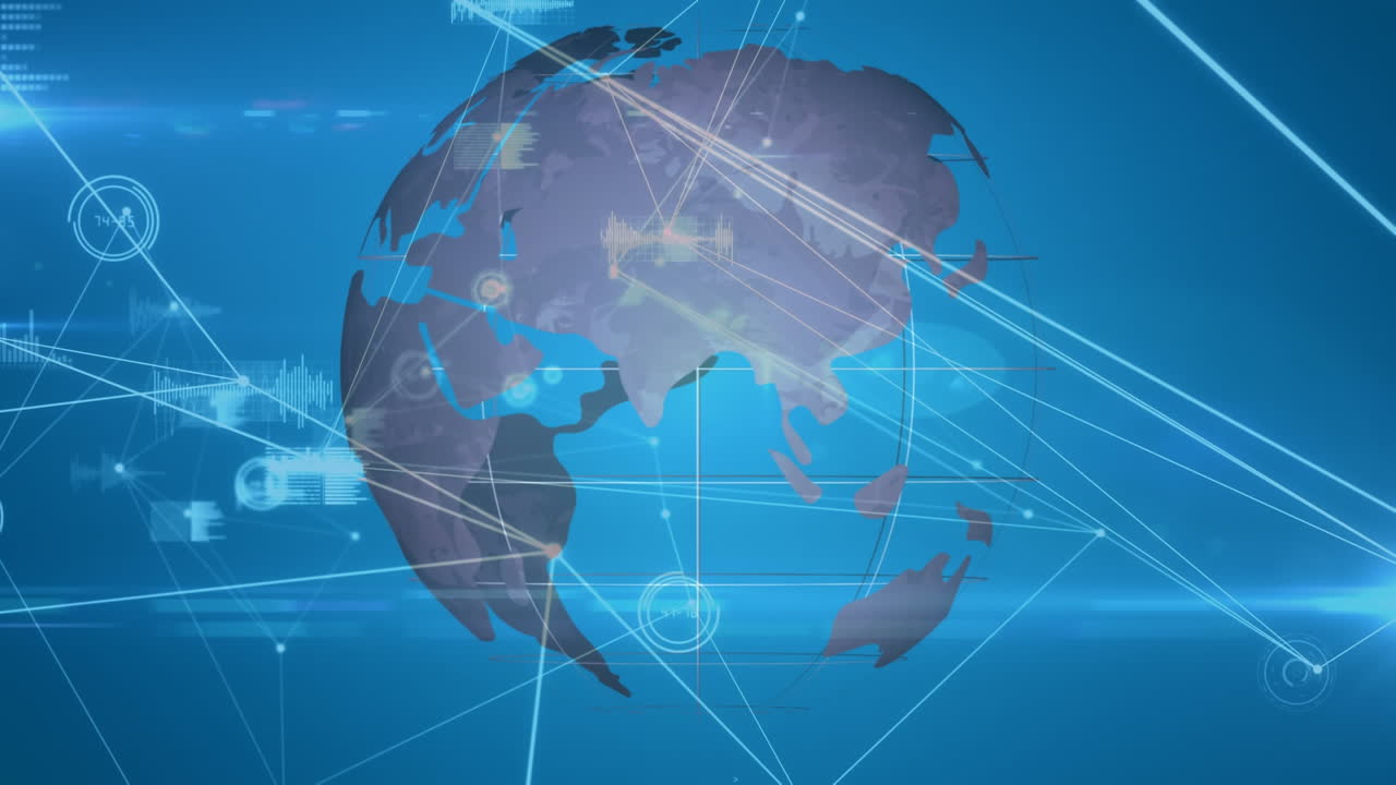파란색 배경에 전 세계 통계 처리에 대한 연결 네트워크의 애니메이션