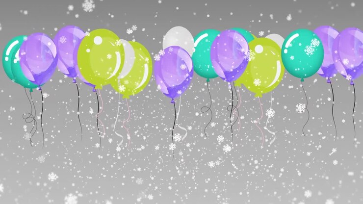 Animazione di palloncini che volano su neve che cade su sfondo grigio.