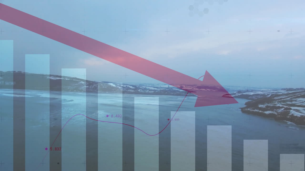 Animated illustration displaying red arrow over snowy view with data bars, line graph, and markers