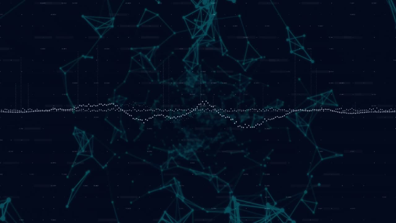 Animation of data processing and network of connections against black background