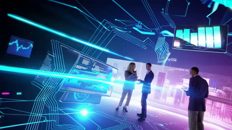 business professionals navigating a futuristic digital data environment