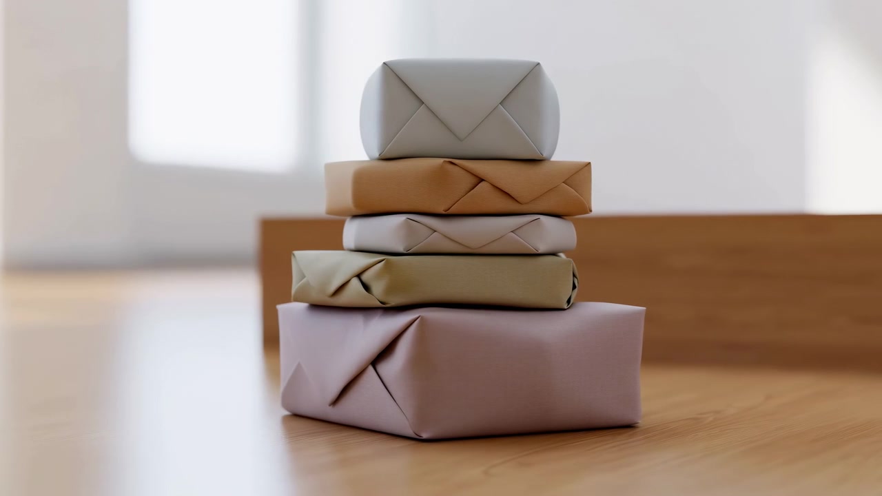 Cinco paquetes envueltos en mate apilados sobre una mesa de madera junto a la luz brillante de una ventana, creando sombras suaves, tonos neutros, una presentación ordenada, un estilo minimalista tranquilo y espacio útil para texto