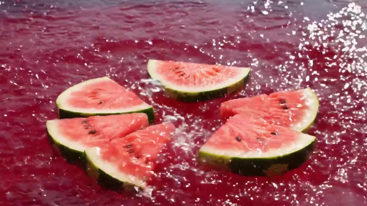 Fette di anguria galleggianti in una rinfrescante piscina di liquido rosso che catturano l'essenza del divertimento estivo e di un rinfresco vivace.