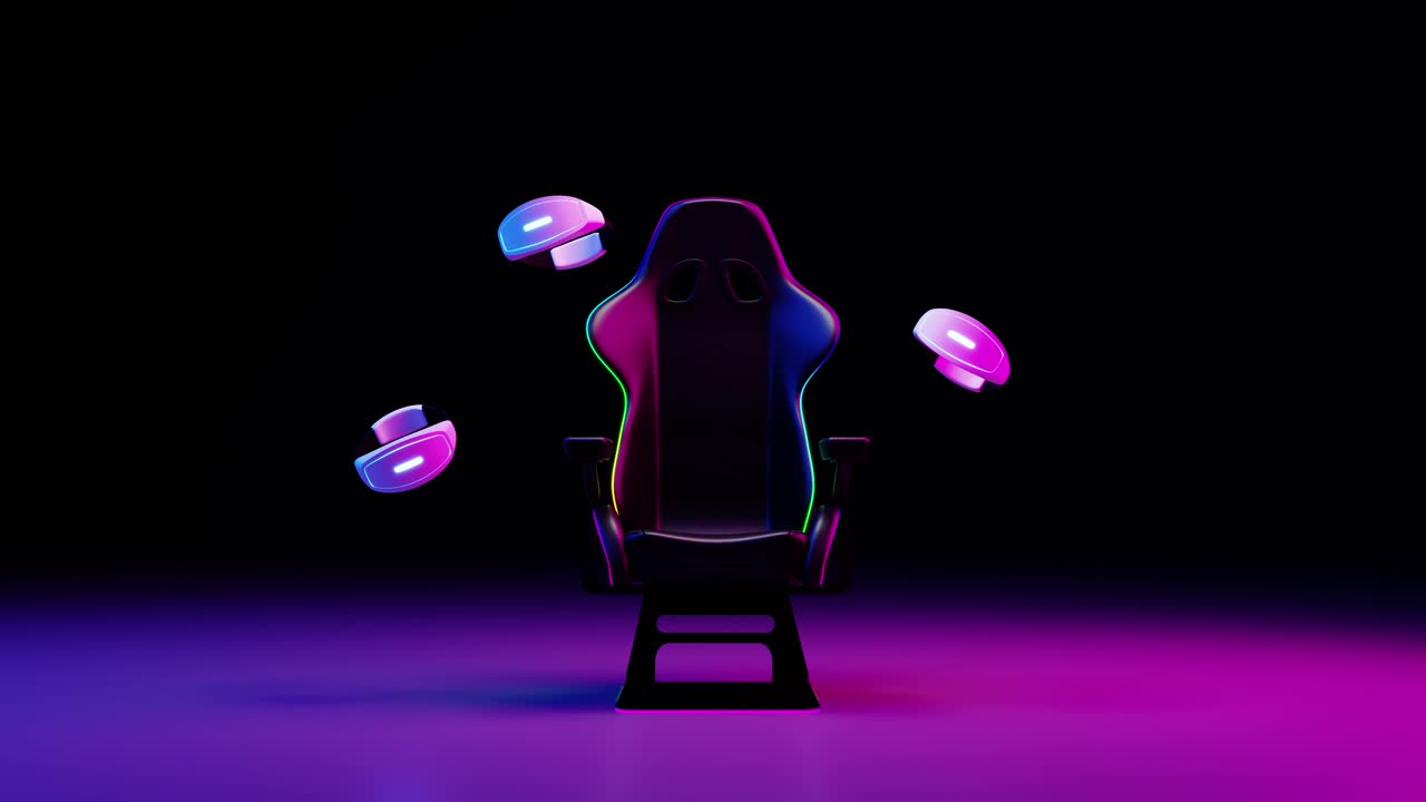 Gamer chair next to virtual reality goggles floating on neon background. 3d animation loop