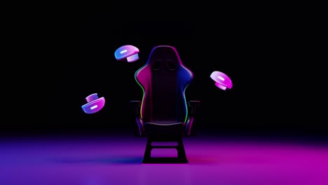 gamer chair next to virtual reality goggles floating on neon background. 3d animation loop