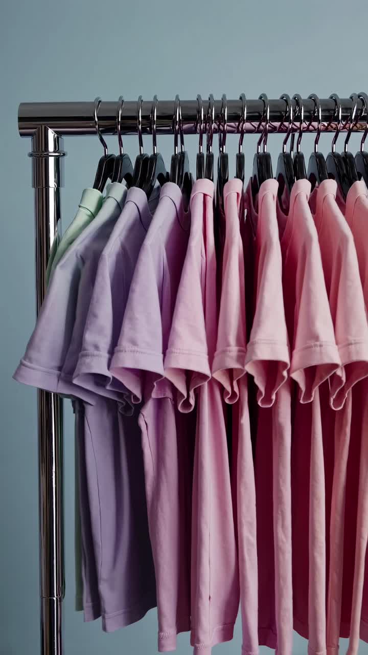 Video showcasing pastel-colored t-shirts on a rack, shot from a side angle