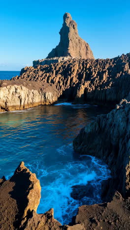 dramatic rocky coastline with prominent sea stack