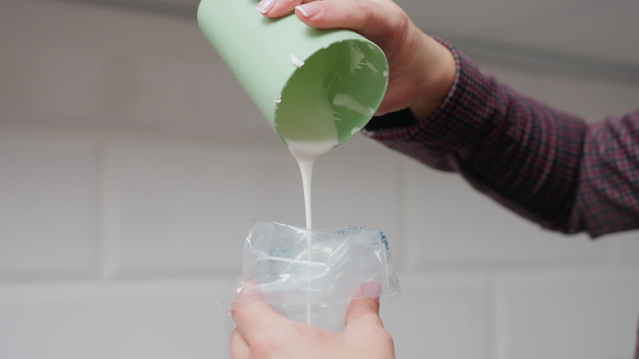 primer plano de una mujer convirtiendo el yogur cremoso en una textura parecida al cuero en la cocina, vertiendo cuidadosamente de una taza verde en una bolsa de tubería, preparando para el postre, hornear o decoración culinaria
