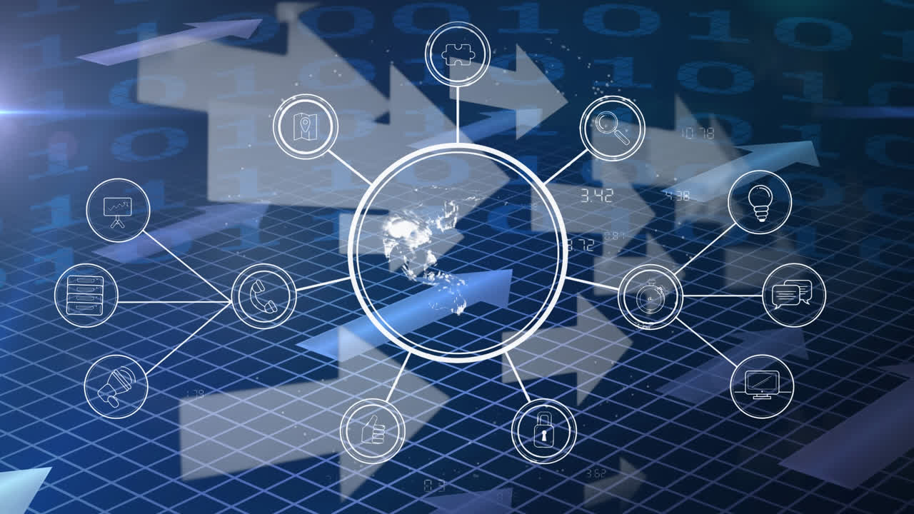 그리드 위의 기술 아이콘과 오른쪽으로 가는 여러 화살표로 회전하는 지구의 애니메이션