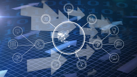 animation of globe spinning with technological icons over a grid and multiple arrows going right