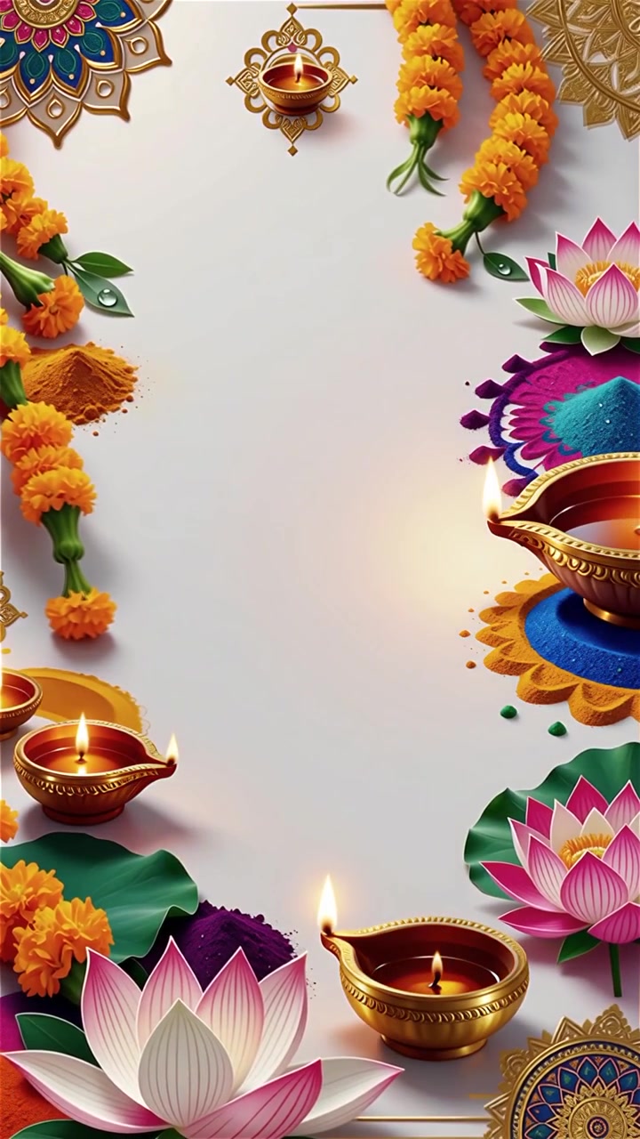 Sfondo Diwali con Diyas luminosi, Rangoli e fiori di loto