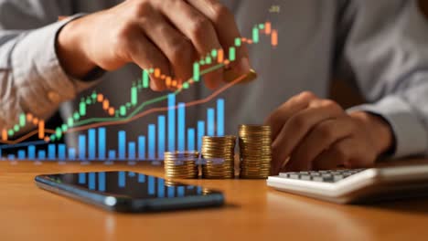 man stacking coins with a financial stock market growth chart