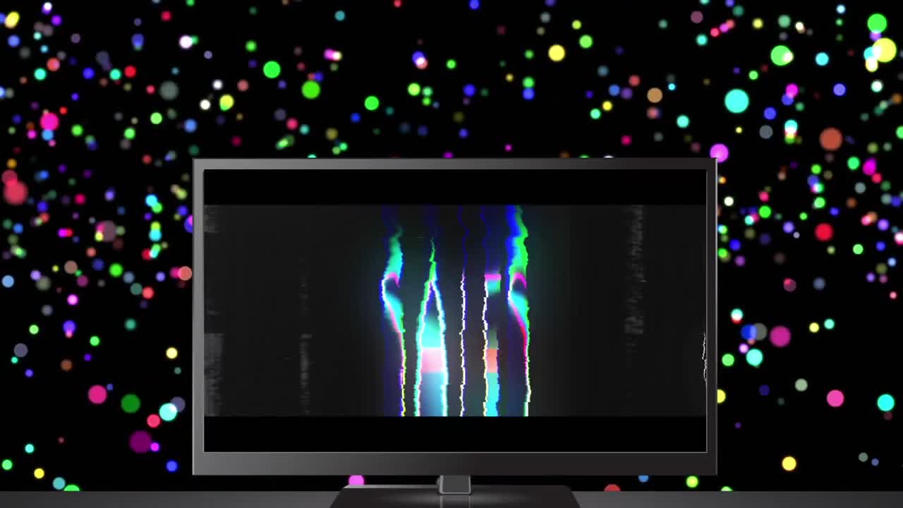 블랙 배경에 여러 가지 다채로운 반점이 있는 텔레비전 화면 위에 빛나는 판매 텍스트의 애니메이션