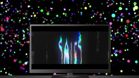 animation of sales glowing text over television screen with multiple colourful spots on black backgr