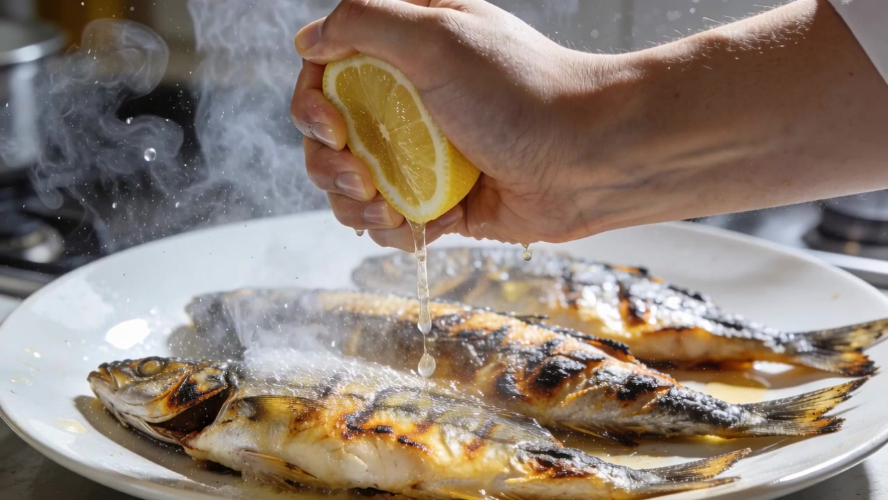 Vapore che sale, un cuoco in maniche corte spreme mezzo limone su pesce alla griglia al bancone, esaltandone l'aroma.