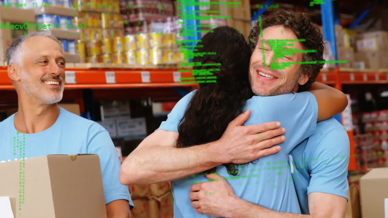 animación del procesamiento de datos sobre diversas personas que trabajan en el almacén