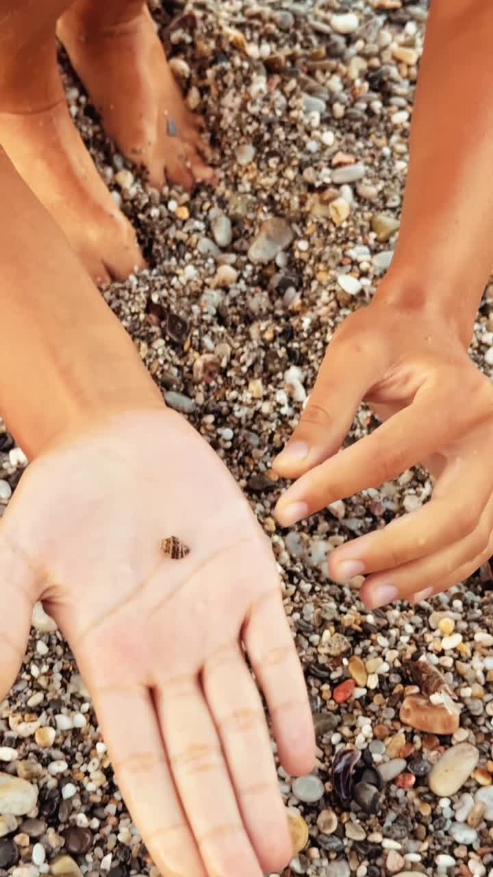 Child playing with pebbles on the beach
