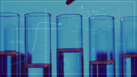 animación del procesamiento de datos científicos sobre tubos de ensayo en el laboratorio.