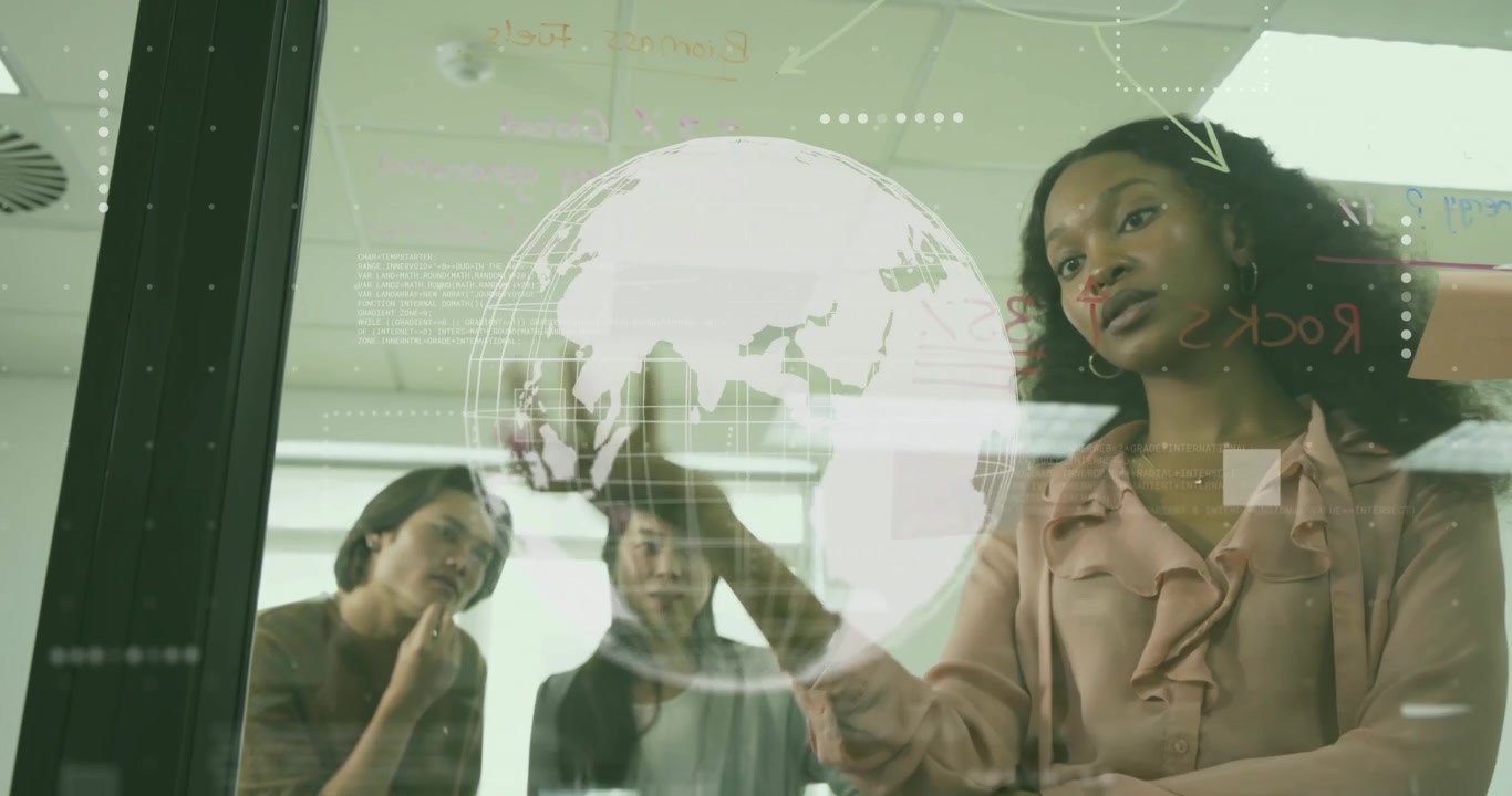 Woman stepping with pink marker and drawing business plan with animated globe on glass board