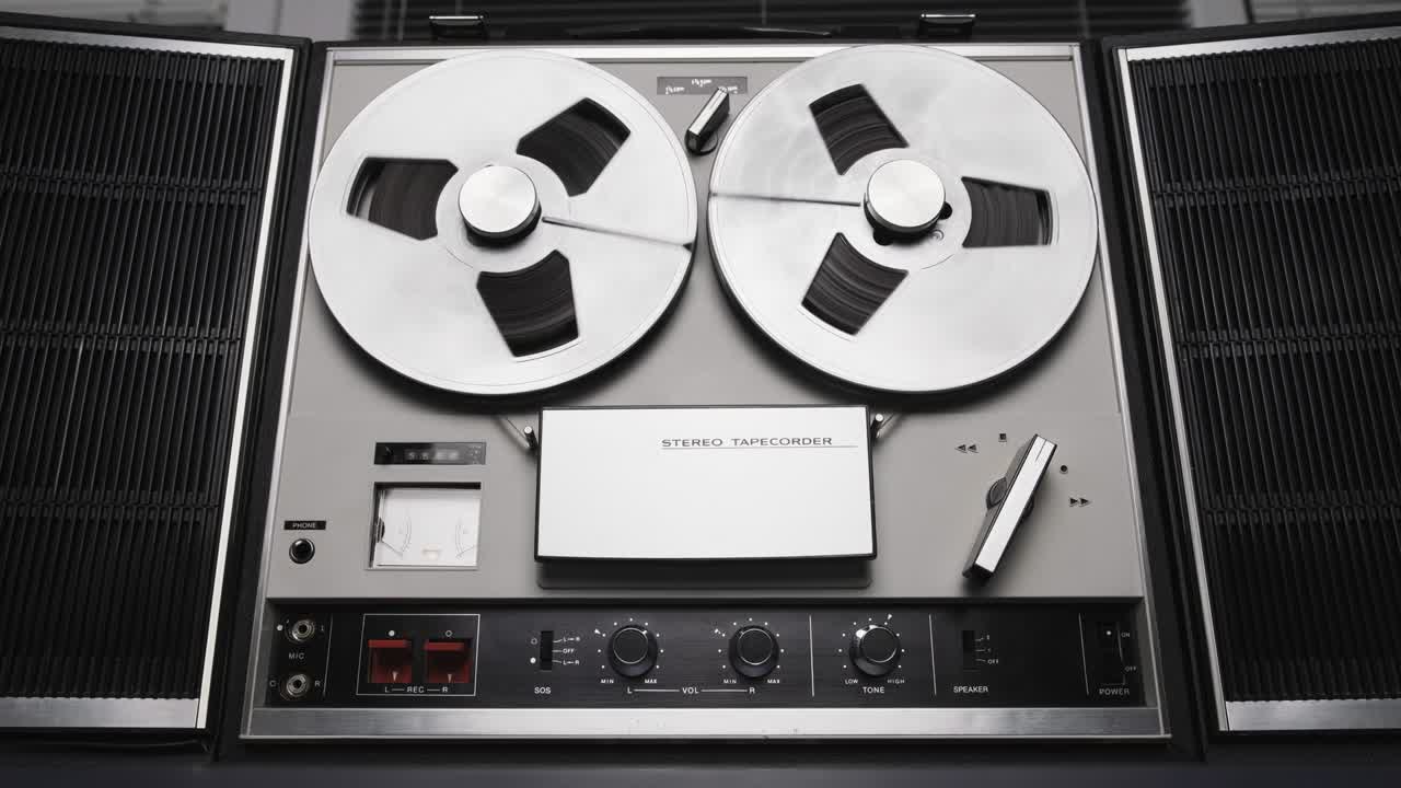 릴 테이프 레코더 재생. 릴 회전 빈티지 음악 플레이어 근접. 레트로 테이프. 회전 릴 금속 색. 파티. 루프. 전면 뷰. 전방 뷰. 인기 디스코 트렌드 60s, 70s, 80s, 90s.