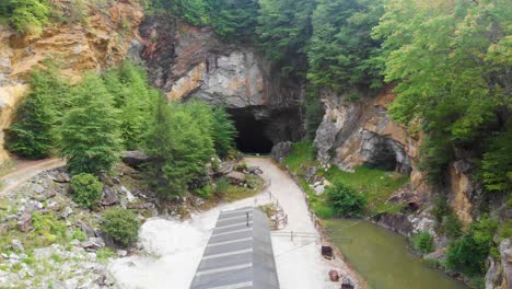 4K-Drone-Video-of-Gemstone-Mine-at-Emerald-Village-near-Little-Switzerland,-NC-on-Summer-Day