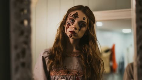 girl with painted face in a mirror