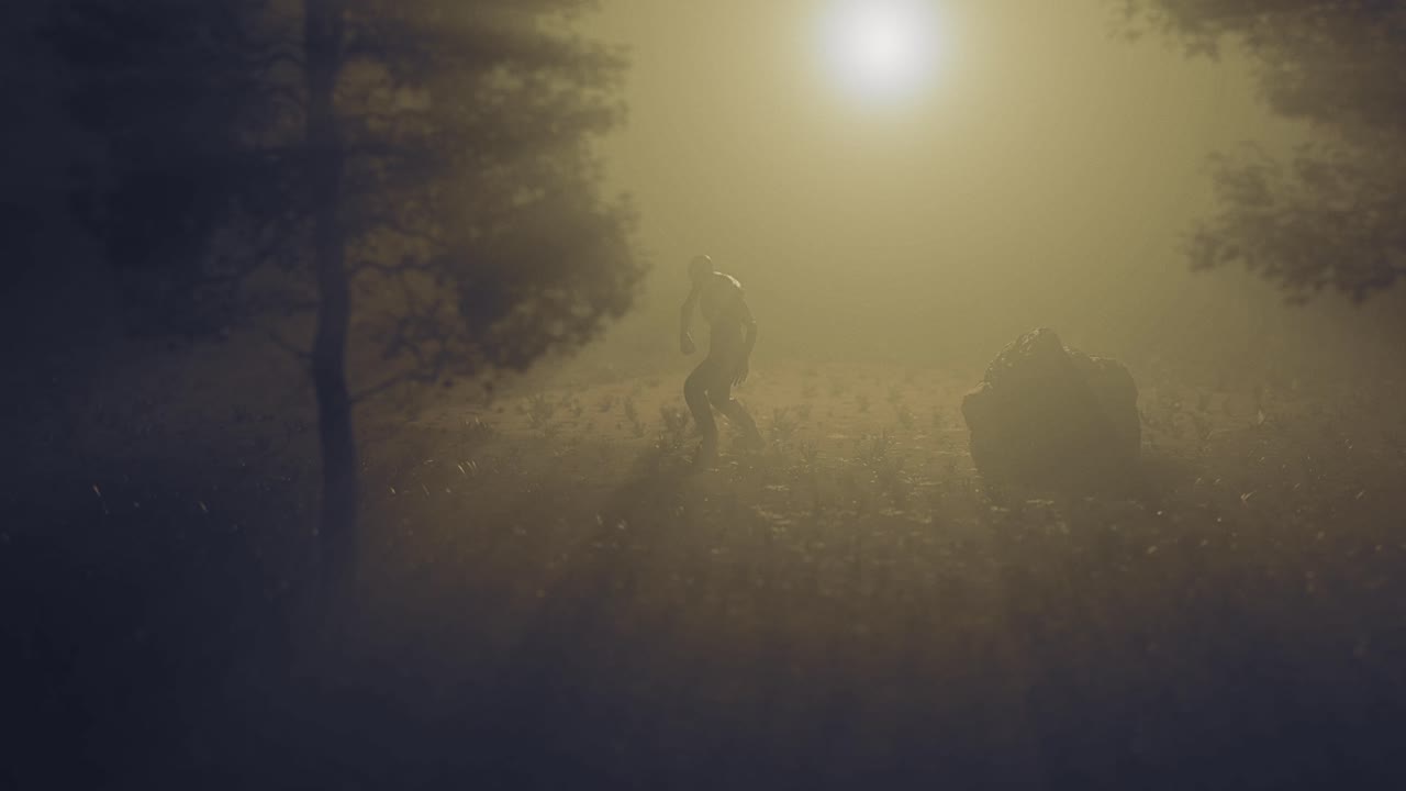 monstruo zombi cojeando en un bosque de niebla
