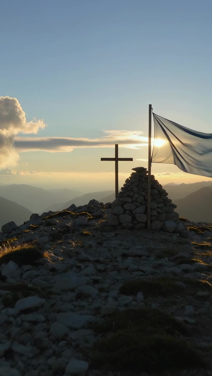 Video verticale: Bandiera blu-bianca che sventola spinta dal vento oltre una croce di legno sulla cima che circonda un ometto di pietre.