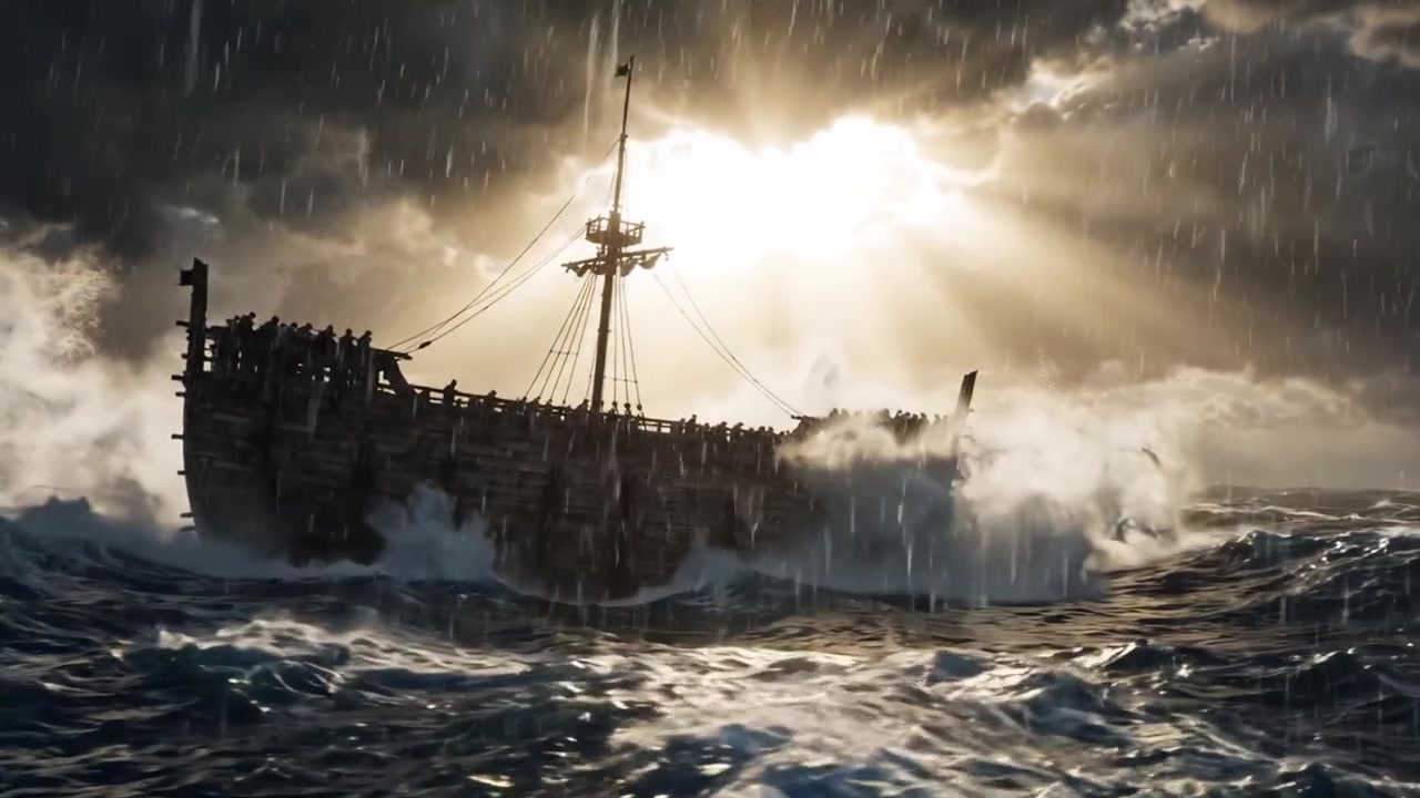 Et majestetisk skip navigerer gjennom stormfulle hav under dramatiske skyer og slående sollys, som symboliserer håp i motgang