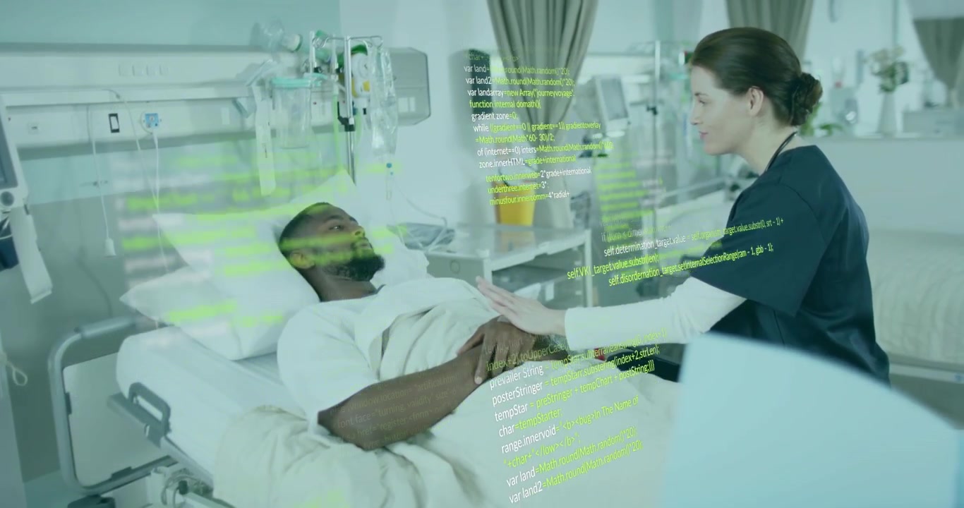 Female nurse entering checking IV line and handholding while code overlay showing patient awakening