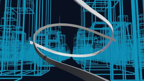 edificios con contornos azules que aparecen sobre un fondo negro