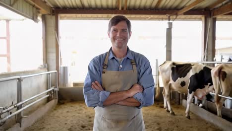 a man wearing a blue shirt and apron stands in front of a cow