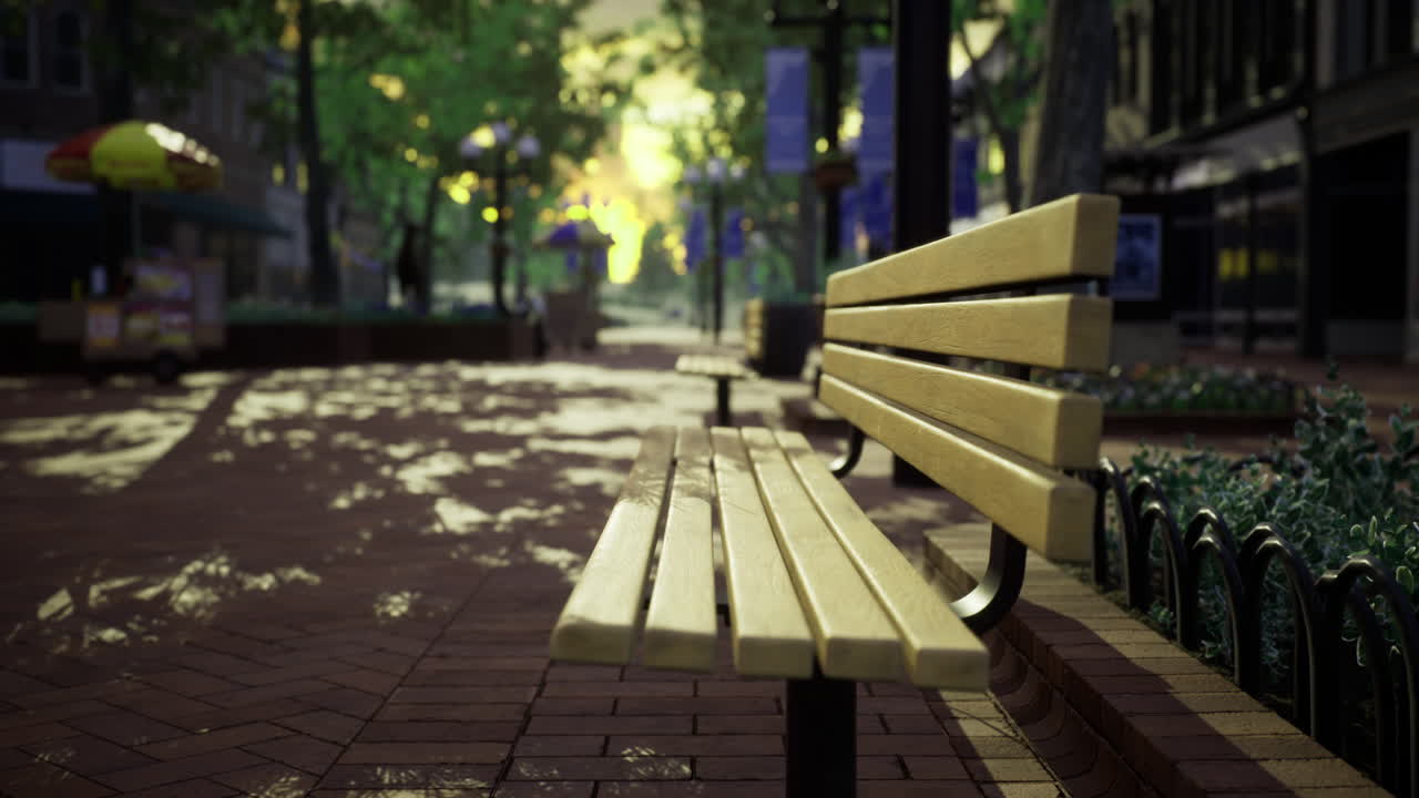 Unique park bench in serene city atmosphere during golden hour