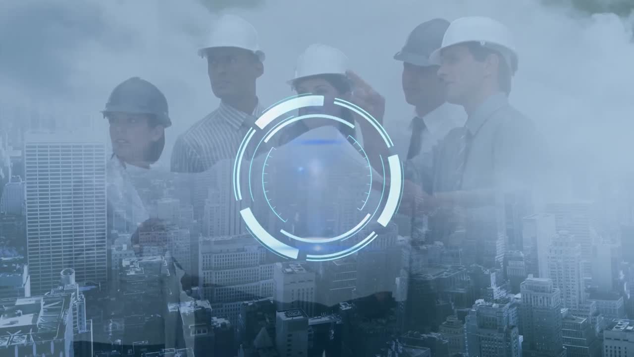 animación del círculo de procesamiento sobre diversos ingenieros con plan y paisaje urbano