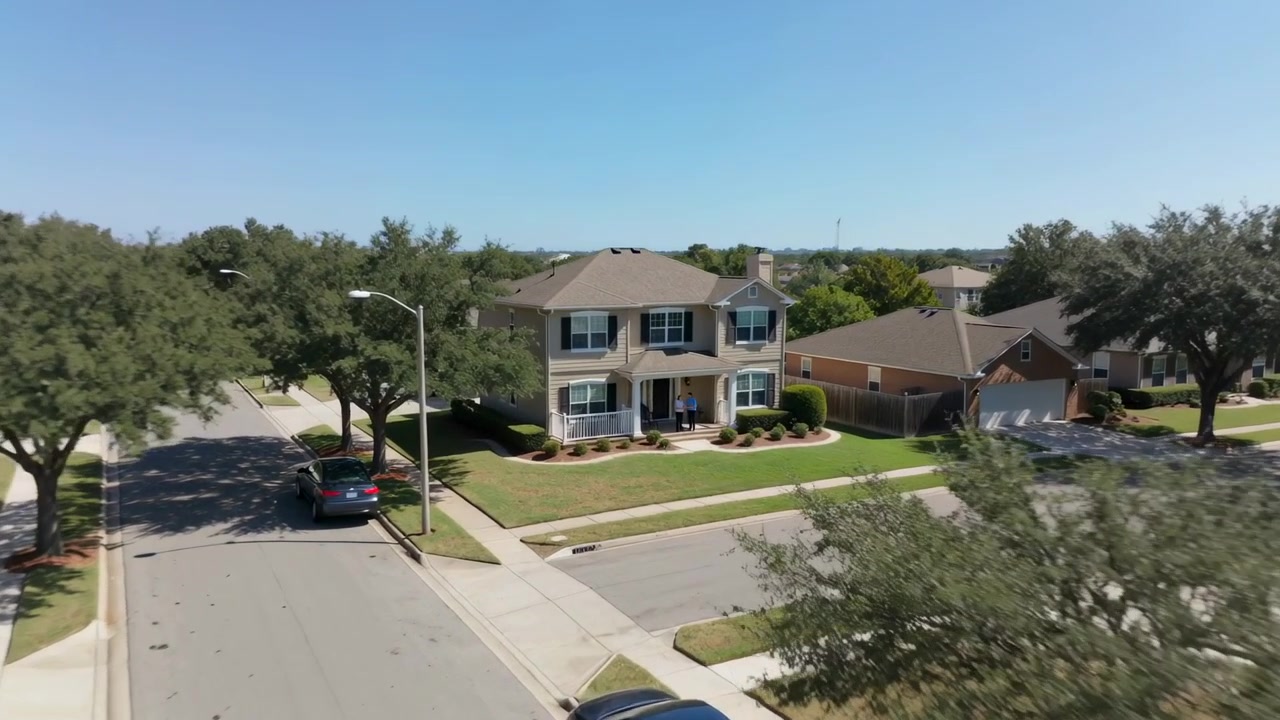 Dron volando hacia adelante hacia una casa de dos pisos en un suburbio, revelando a una persona en el porche con coches.