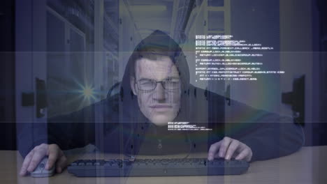 animación de un hombre encapuchado pirateando una computadora