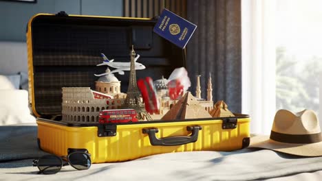 bright yellow suitcase packed for a sunny vacation
