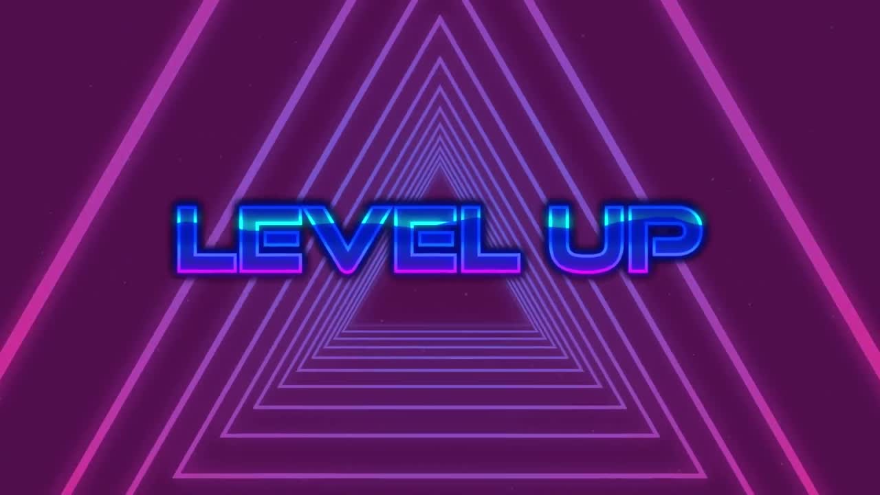 파란색 바탕에 움직이는 분홍색 네온 삼각형 위에 반 ⁇ 이는 파란색 텍스트의 애니메이션