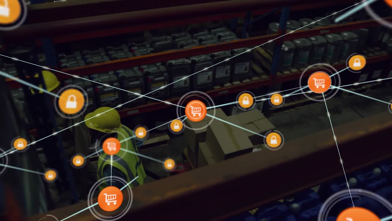 Animazione di una rete di connessioni su lavoratori uomini caucasici che camminano in un magazzino.