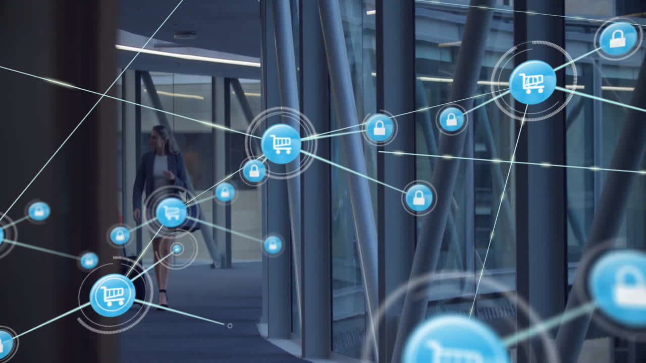 Network of shopping cart and security icons animation over people walking in office