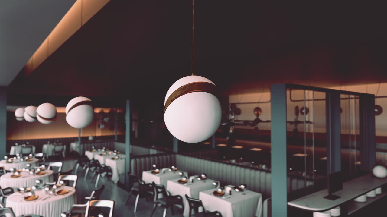 고급스러운 구형 펜던트 램프와 함께 현대적인 레스토랑 인테리어 디자인