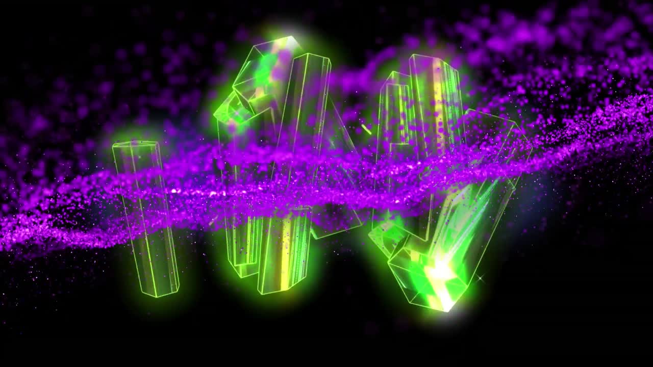 검은색에 빛나는 초록색 모양의 클러스터 위에 떠다니는 보라색 액체의 애니메이션